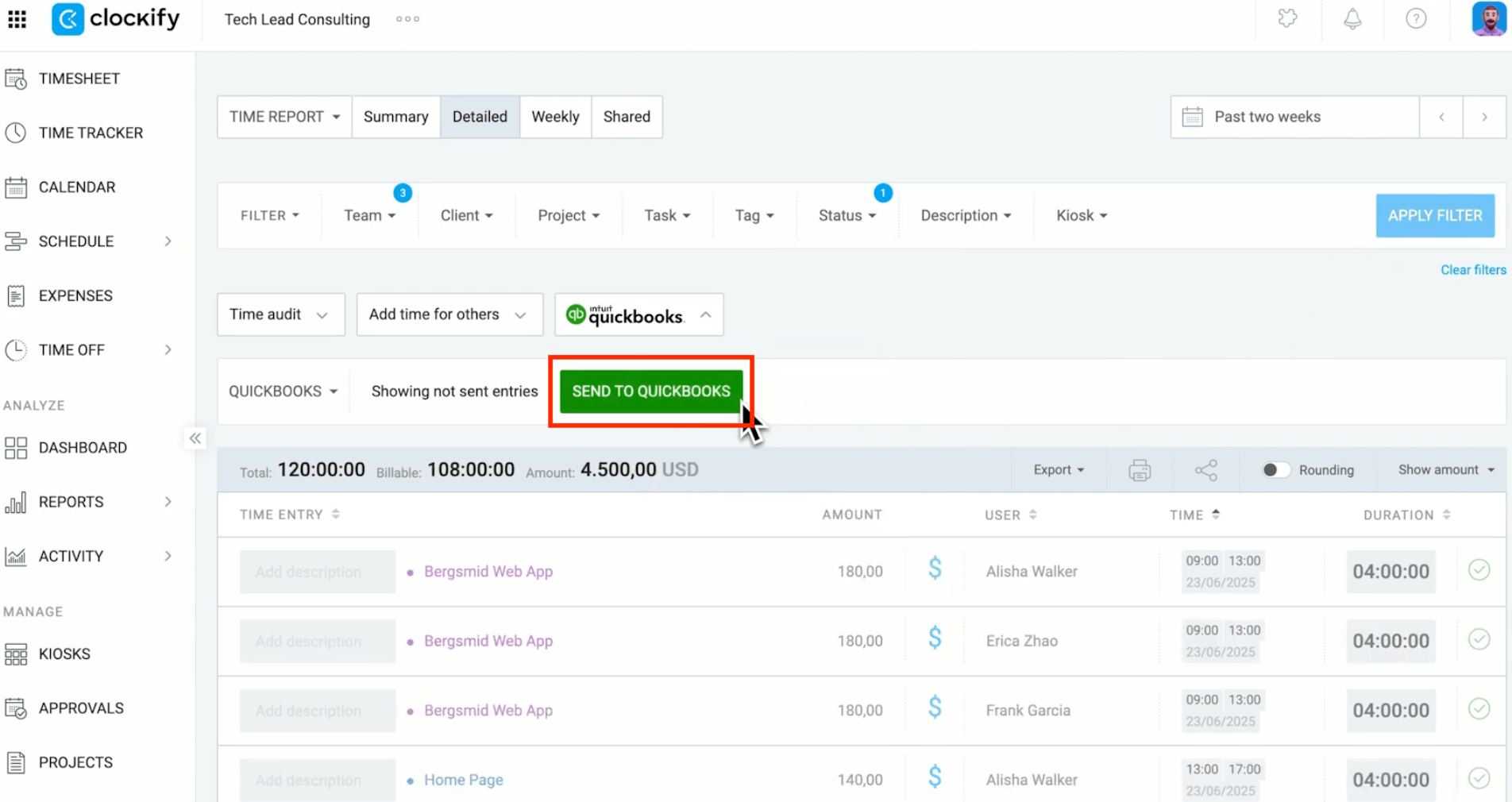 Send the time data from Clockify to QuickBooks