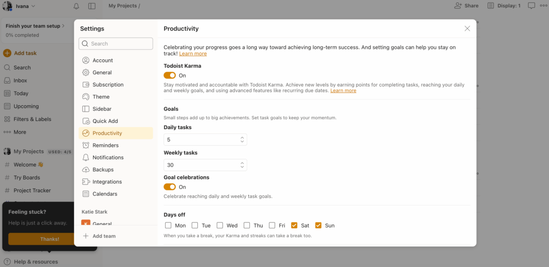 Setting goals in Todoist Karma