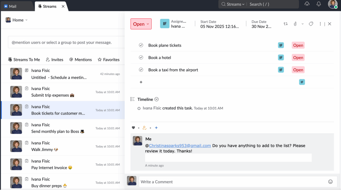 Streams feature in Zoho Mail