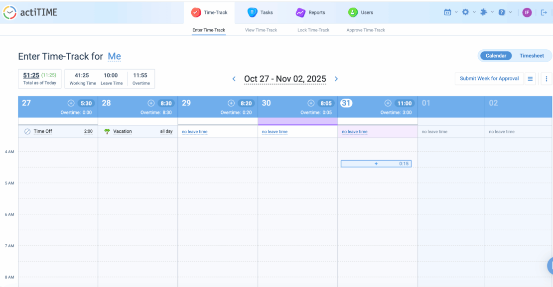 The Calendar view in actiTIME