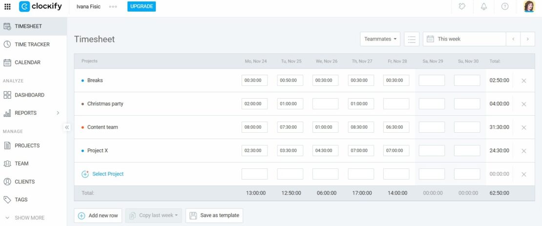 Timesheet in Clockify
