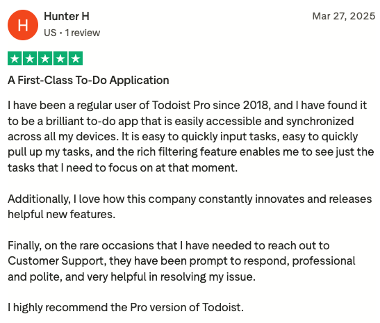 Todoist user review on Trustpilot