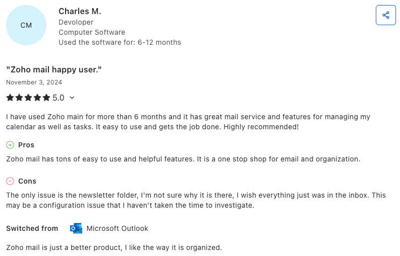 Zoho Mail user review on Capterra