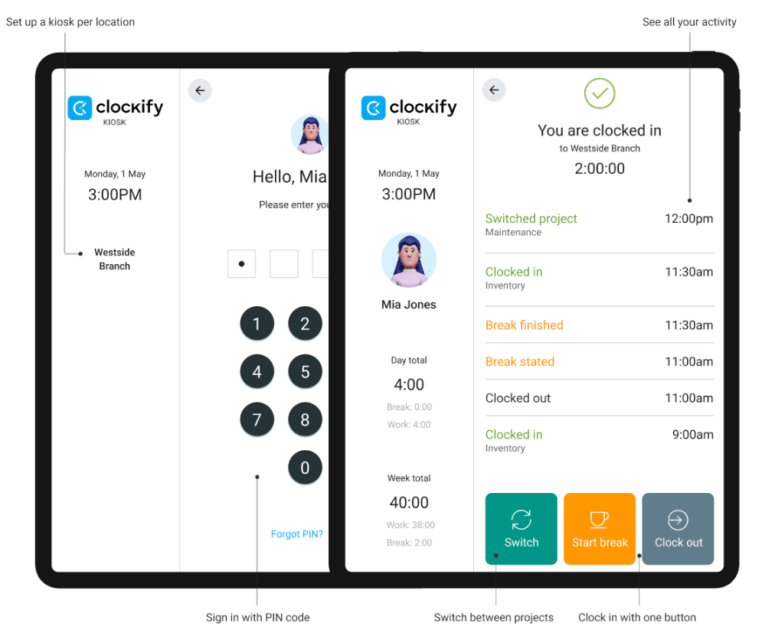 Clockify’s kiosk feature
