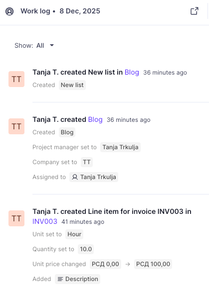 Productive.io’s work log