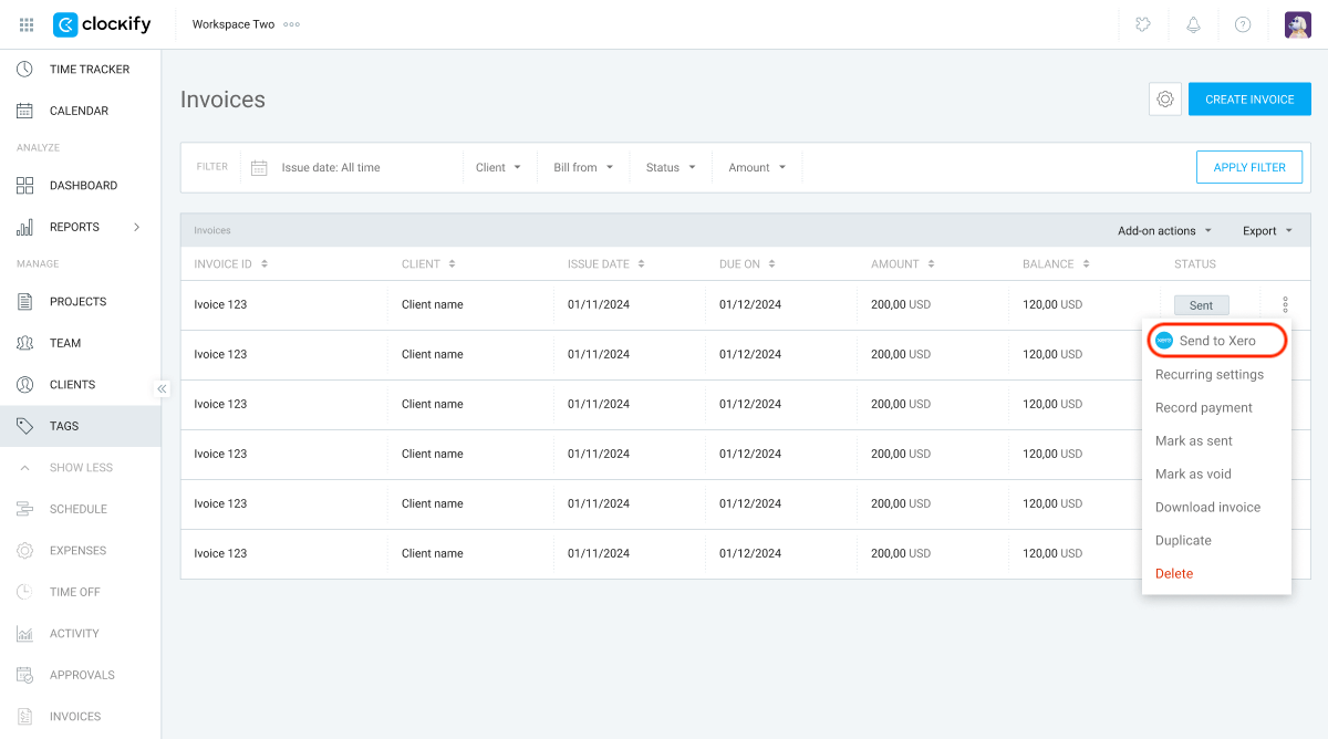 Send custom Clockify invoices to Xero