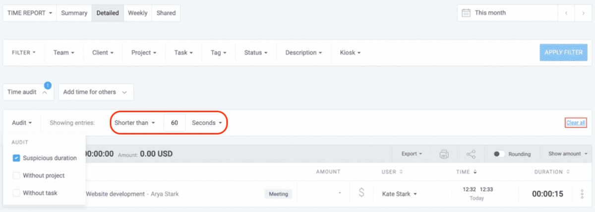 Set the length that makes a time entry suspiciously short or long