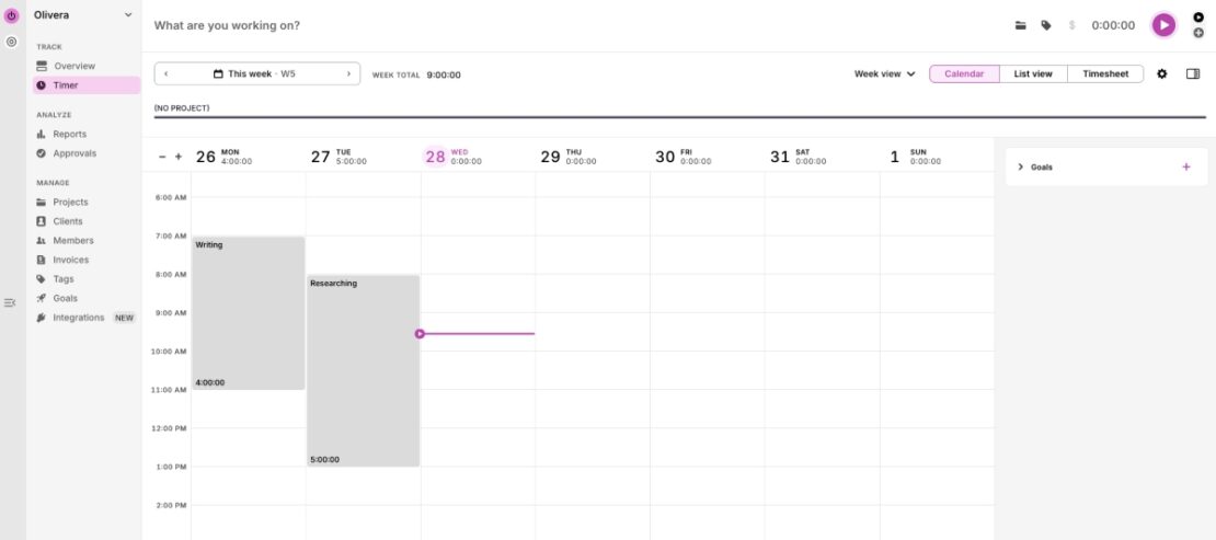 Calendar in Toggl Track