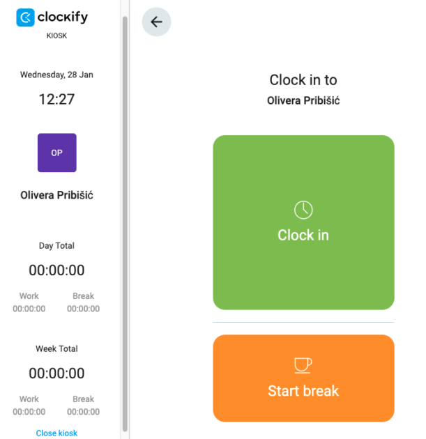 Clockify clocking in via time clock kiosk