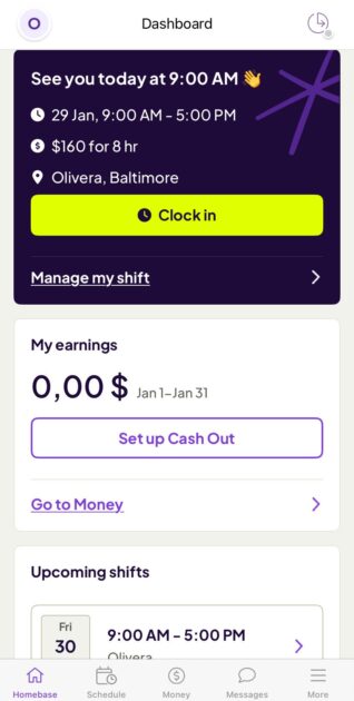 Clocking in via the Homebase mobile app