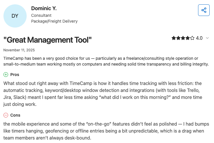 TimeCamp user review