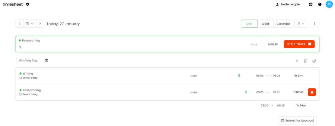 TimeCamp’s features are placed on the left-hand side; time entries will be available the moment you log in