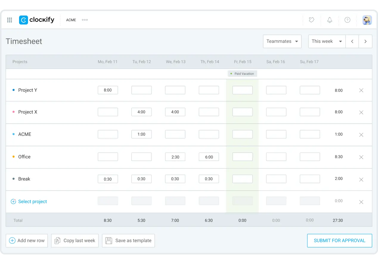 Timesheet view in Clockify by CAKE.com