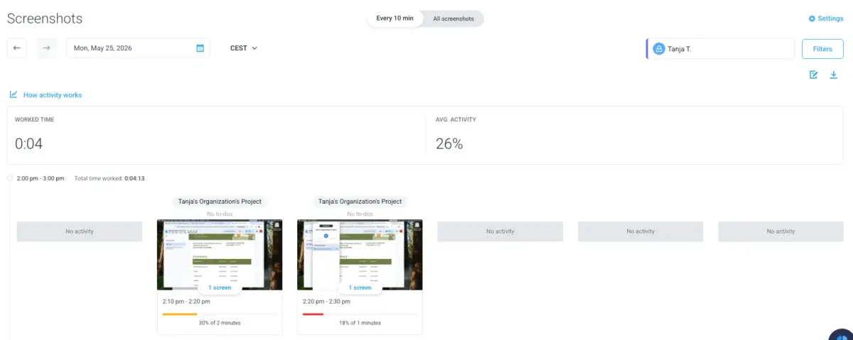 Activity and screenshots in Hubstaff