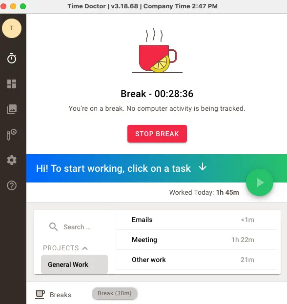 Break tracking in Time Doctor