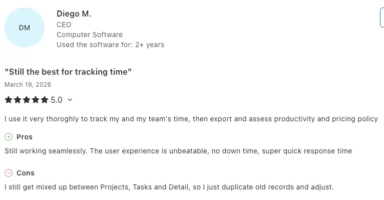 Clockify user review on Capterra