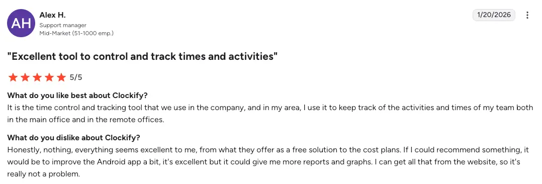 Clockify user review on G2