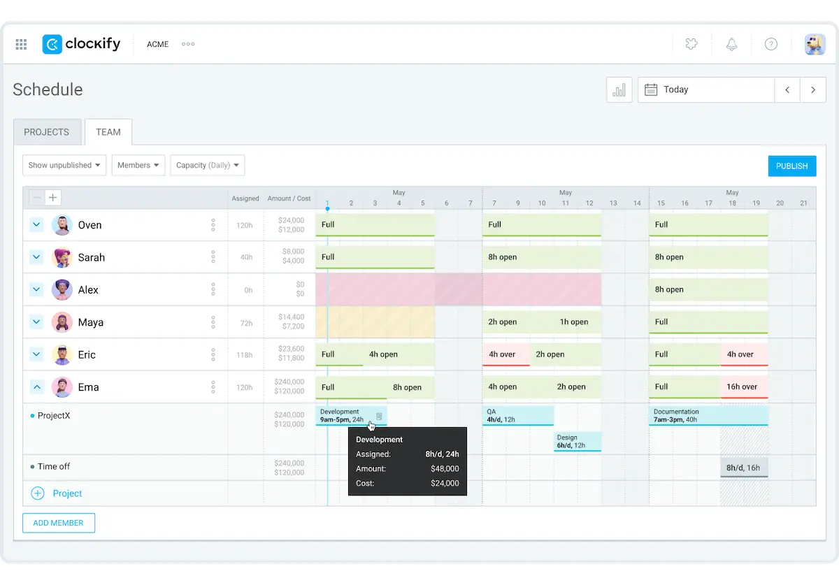 See who’s busy and who’s available in your Clockify Schedule