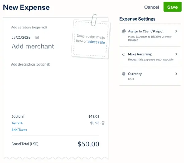 Adding a new expense in FreshBooks