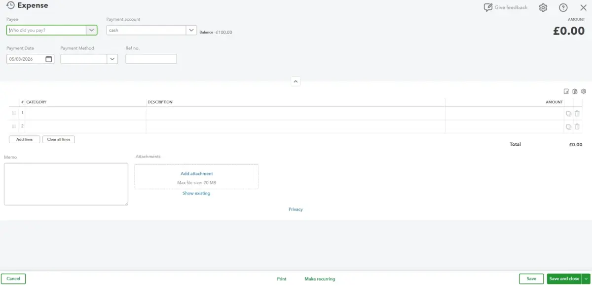 Adding a new expense in QuickBooks