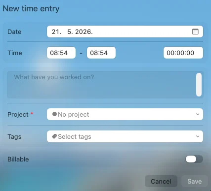 Adding a new time entry manually in the Clockify Mac app