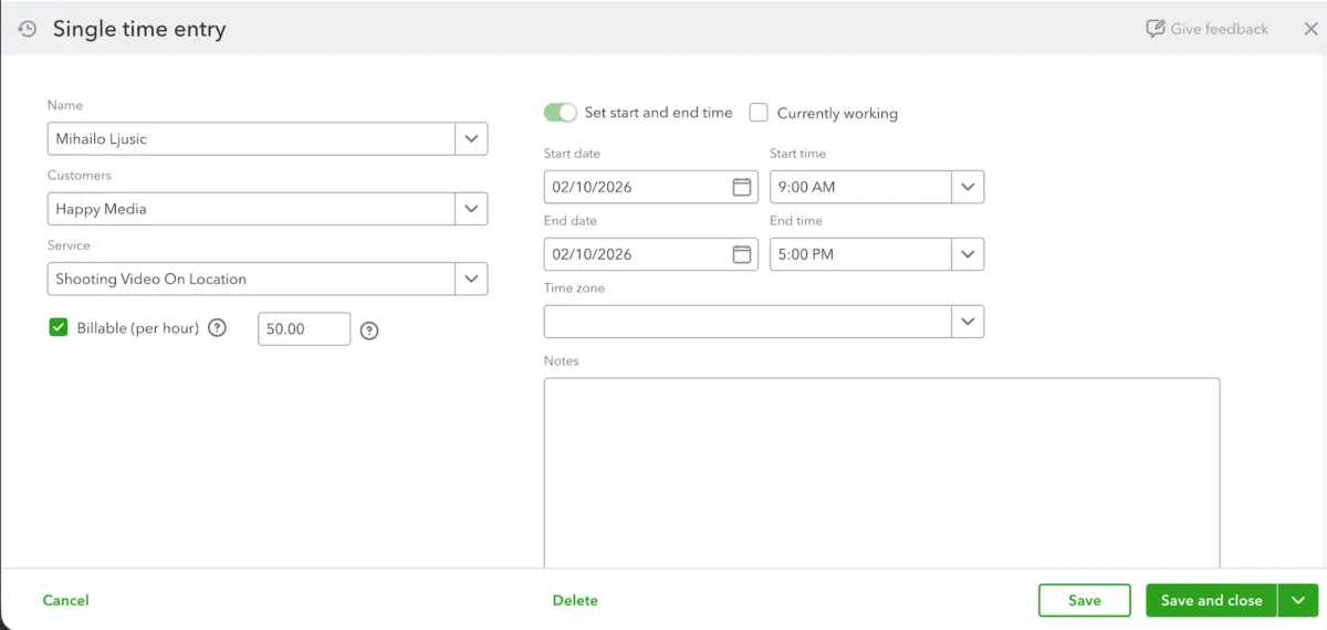 Adding a single time entry in QuickBooks Online