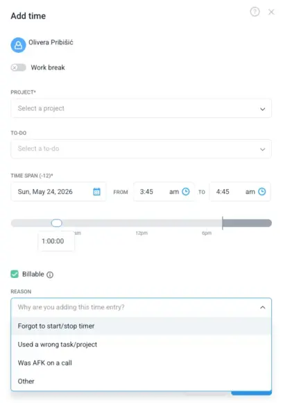 Adding a time entry in Hubstaff