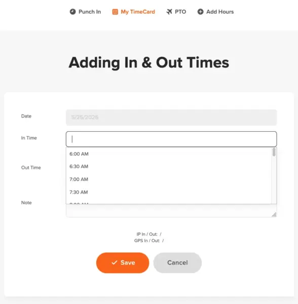 Adding in and out times in On The Clock