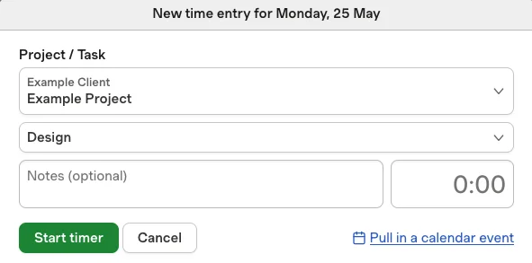 Adding time entry in Harvest