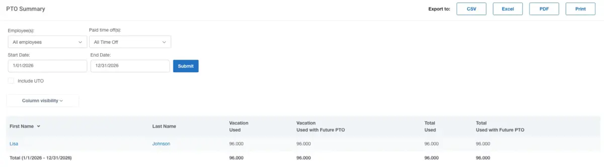 Buddy Punch’s PTO summary report