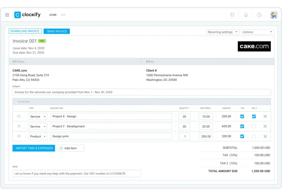 Clockify’s send invoice button