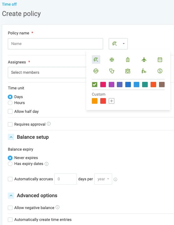 Create policy option in Clockify