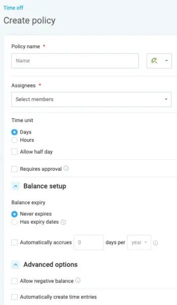 Creating a leave policy in Clockify