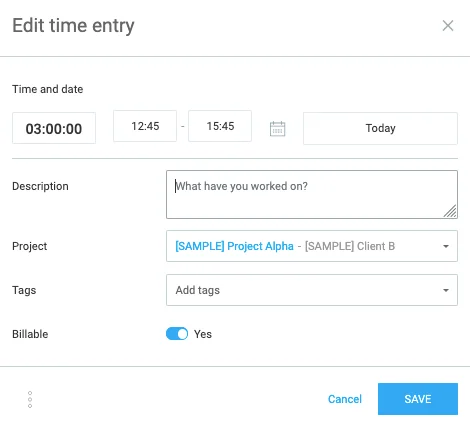 Editing time entries in Clockify