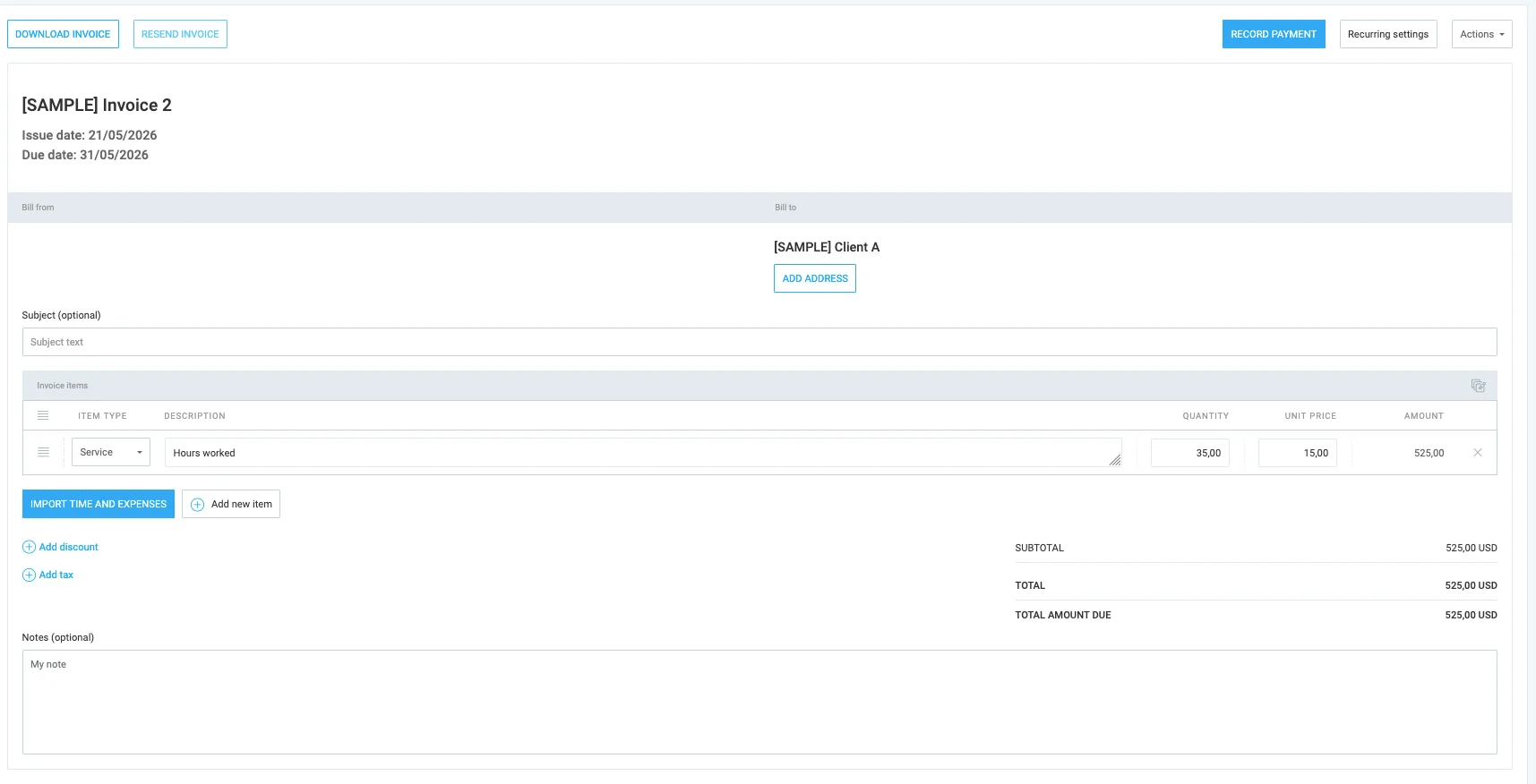 Example of an invoice created in Clockify