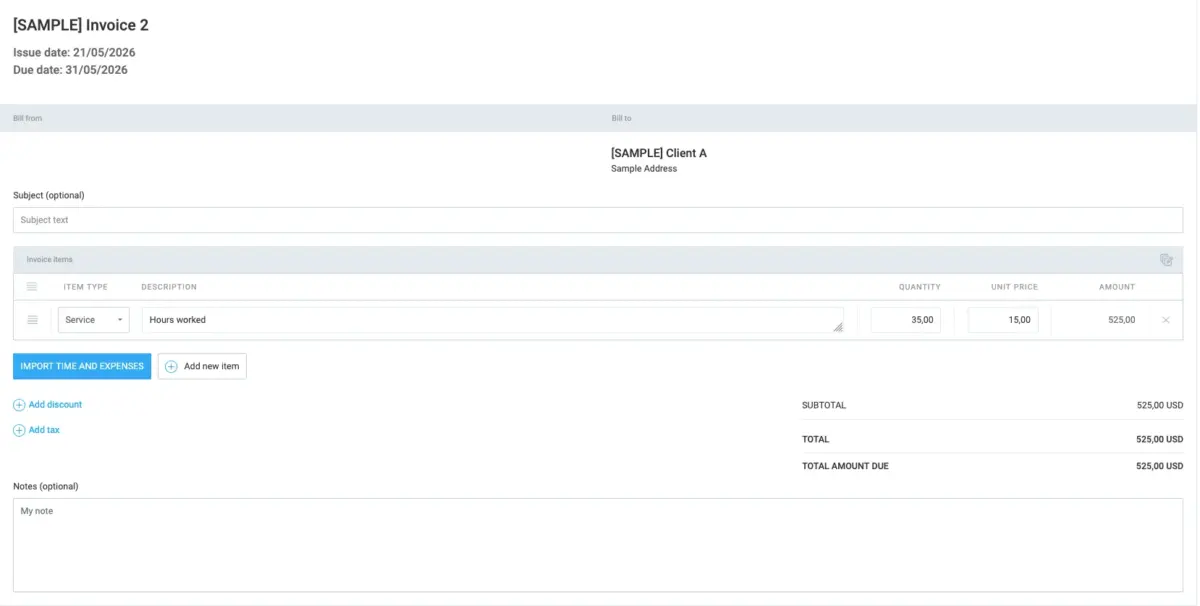 Example of what an invoice created and customized in Clockify looks like