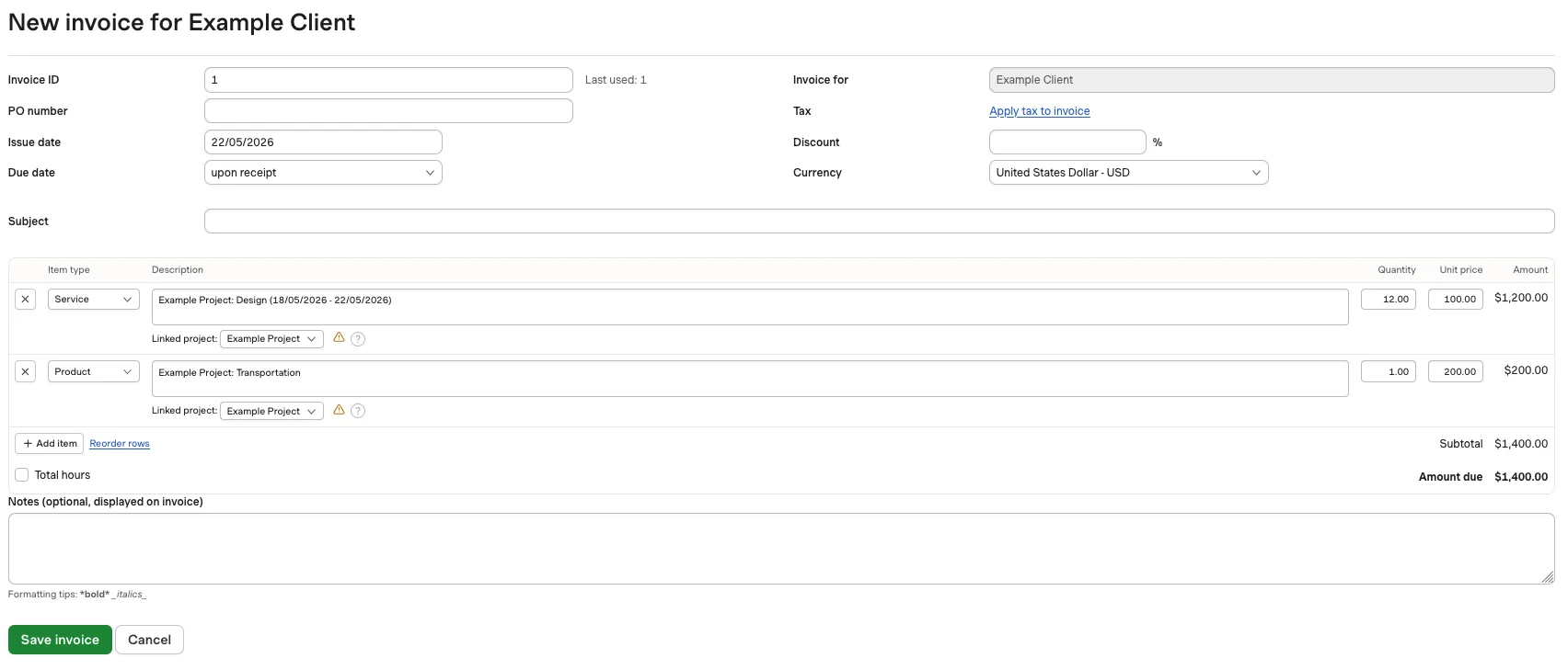 Harvest invoicing feature