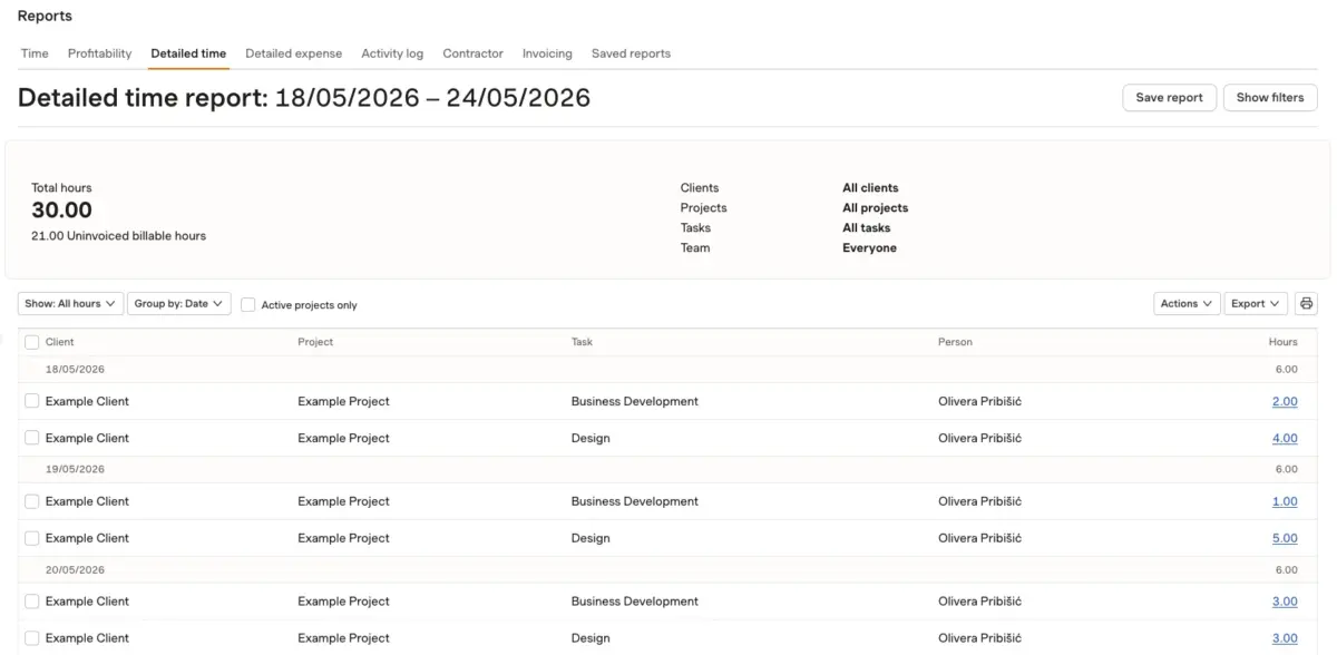 Harvest’s detailed time report