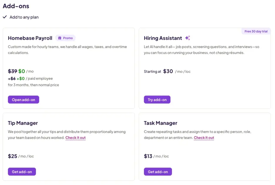 Homebase add-ons pricing