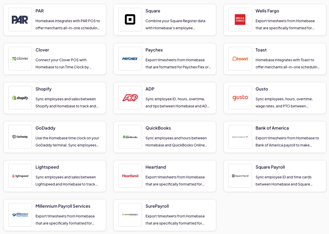 Full list of Homebase integrations