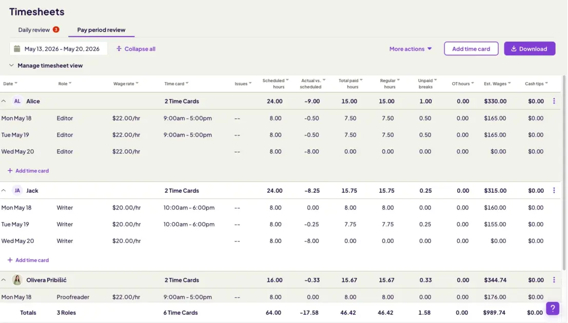 Homebase pay period review per employee