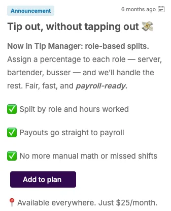 Homebase's in-app new feature announcement