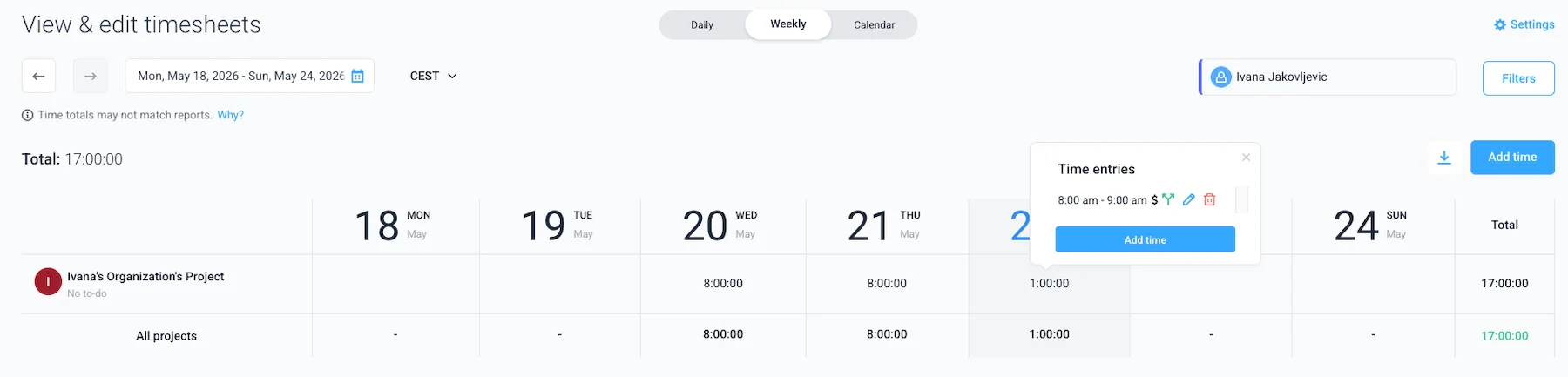Hubstaff timesheets feature
