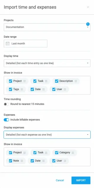Importing time and expenses into a Clockify invoice