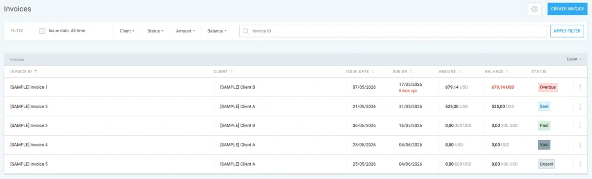 Invoice management in Clockify