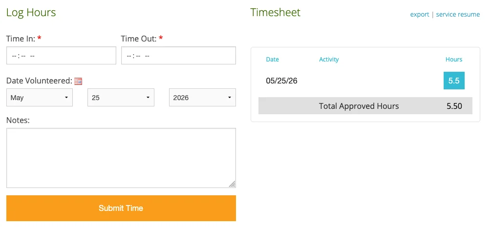 Logging hours in Track it Forward
