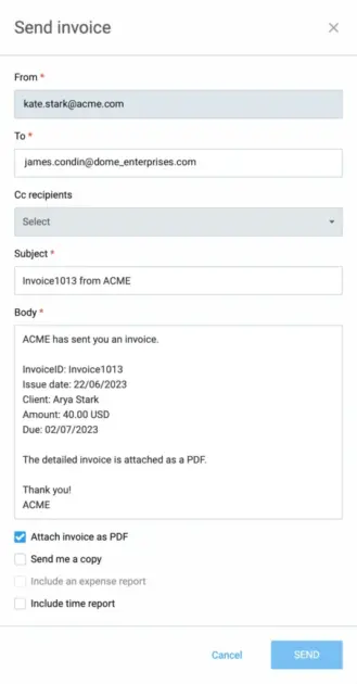 Sending an invoice email through Clockify