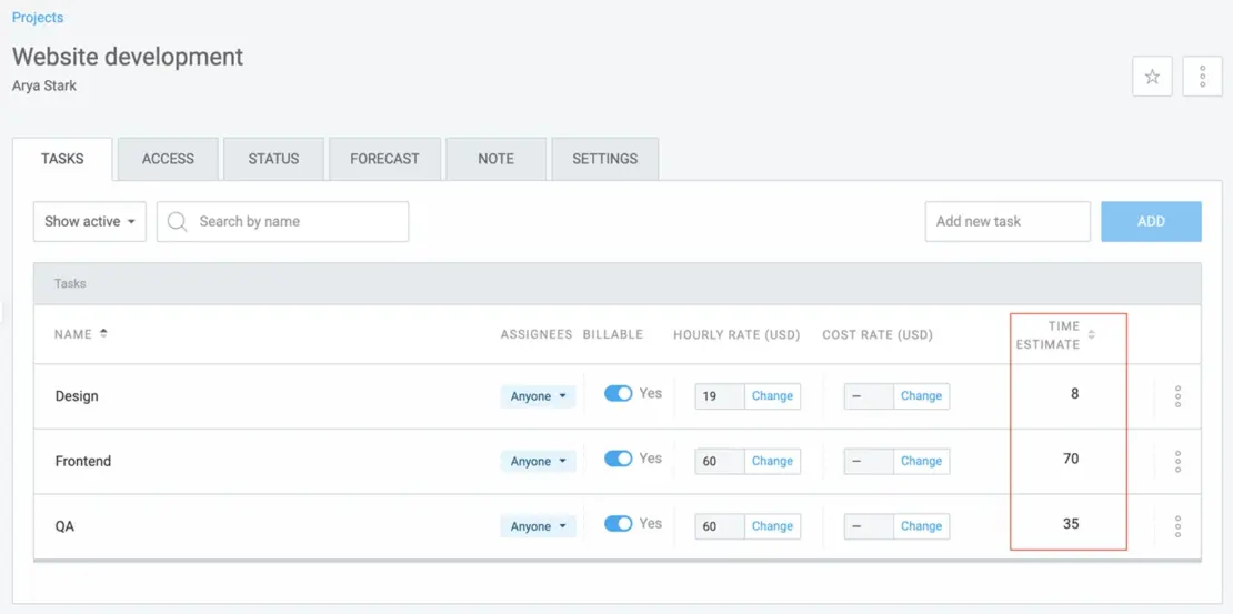 Setting time estimates per task in Clockify