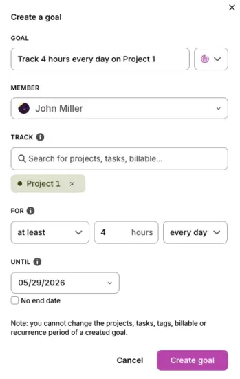 Setting time tracking goals in Toggl Track