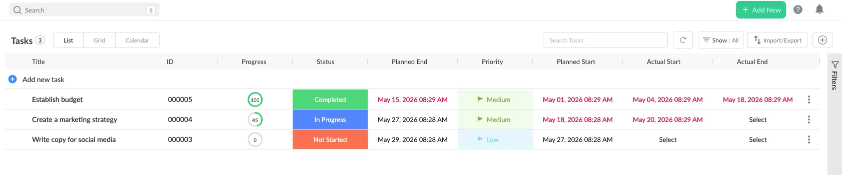 Task plans and progress in nTask